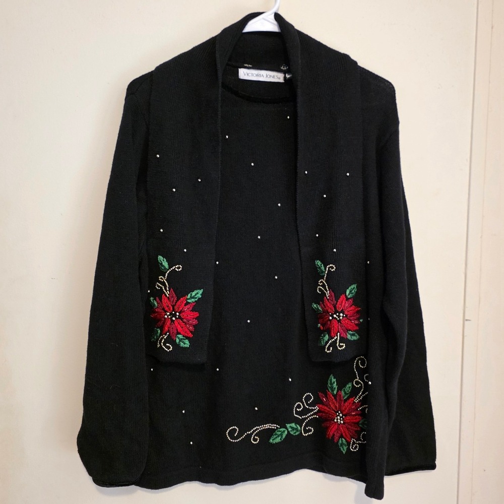 Womens Ugly Christmas Sweater Set Size Large Scarf Poinsettia Beaded